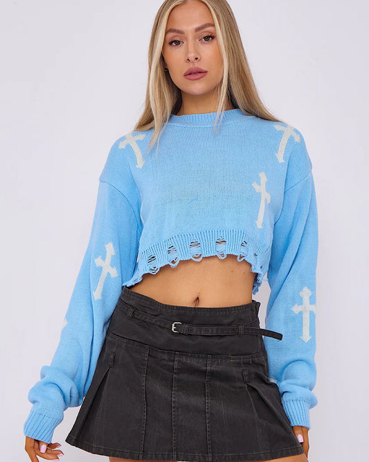 Blue White Cropped Cross Knit