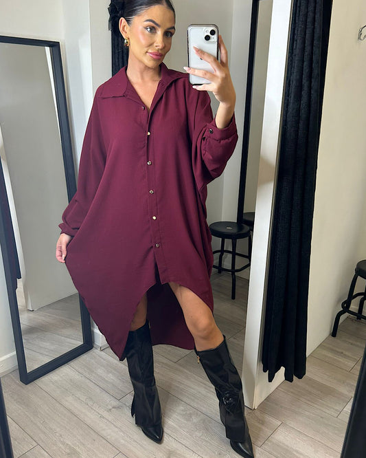 Batwing Oversized Burgundy Shirt Dress