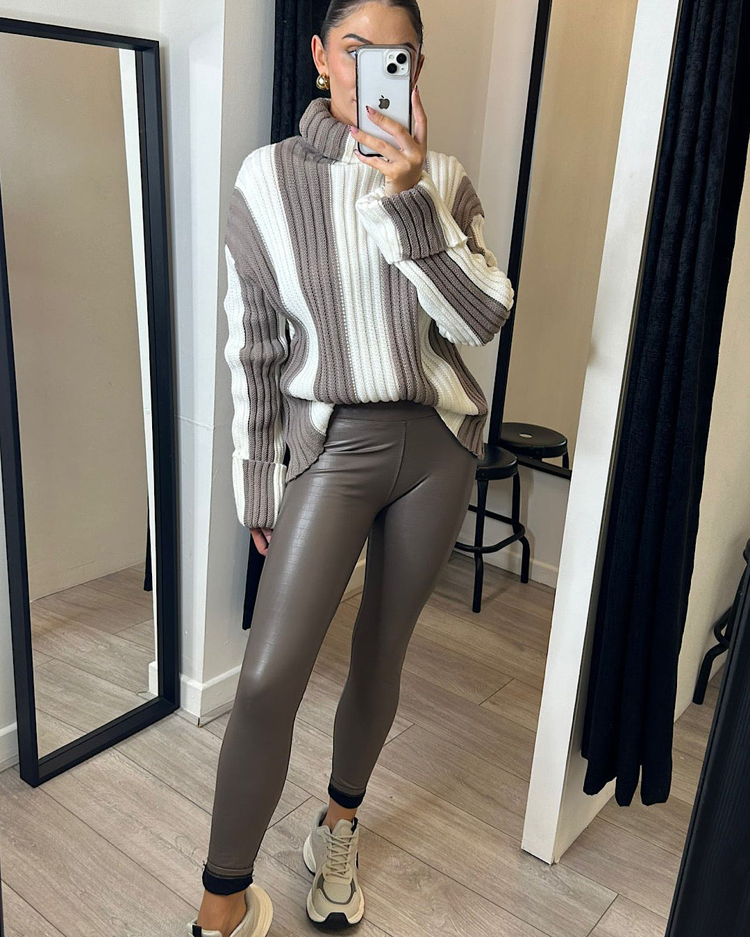 Grey Beige High Neck Chunky Knit Top