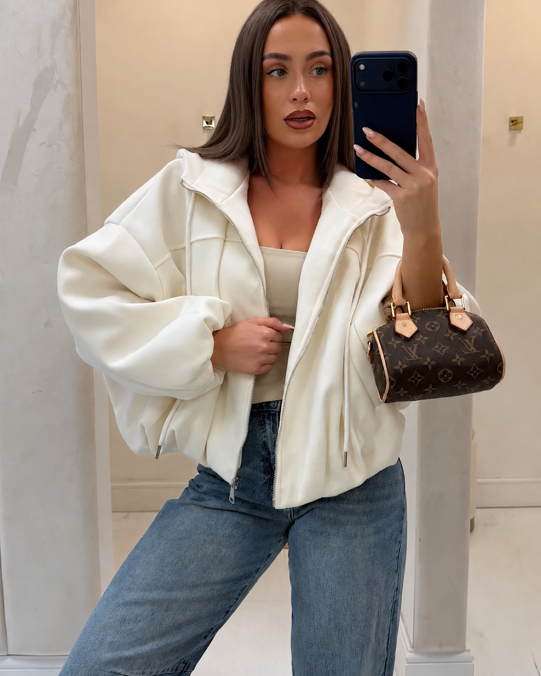 Cream Balloon Sleeve Hooded Bomber