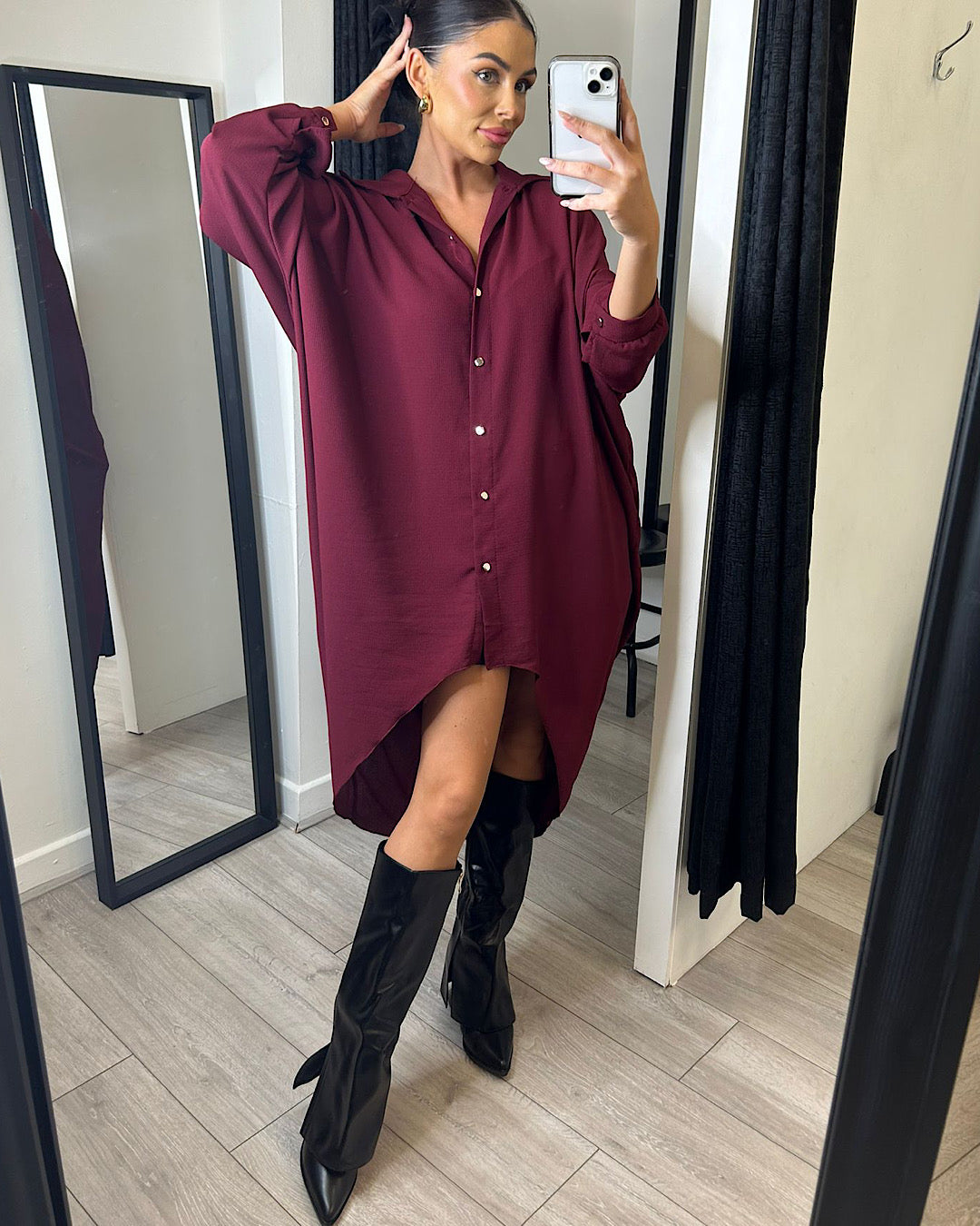Batwing Oversized Burgundy Shirt Dress
