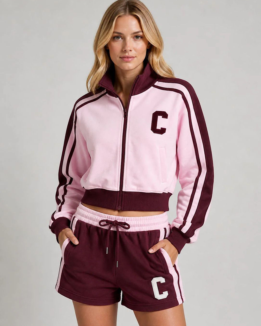 Pink Wine Zip Jacket & Shorts