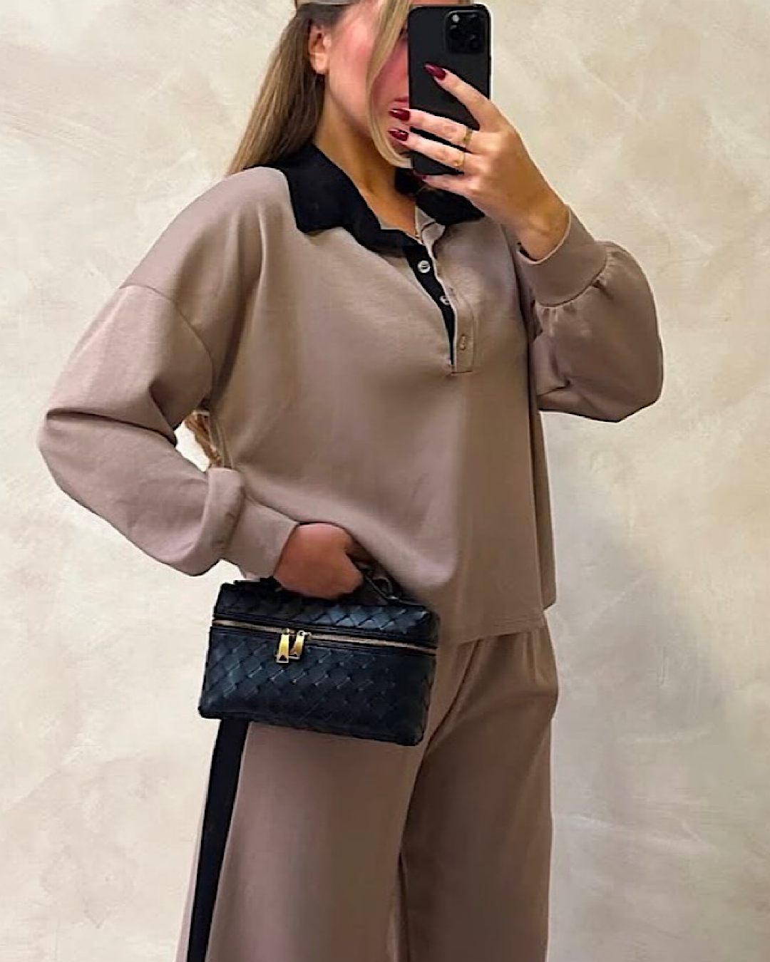 Beige with Black Collared Loungewear Suit