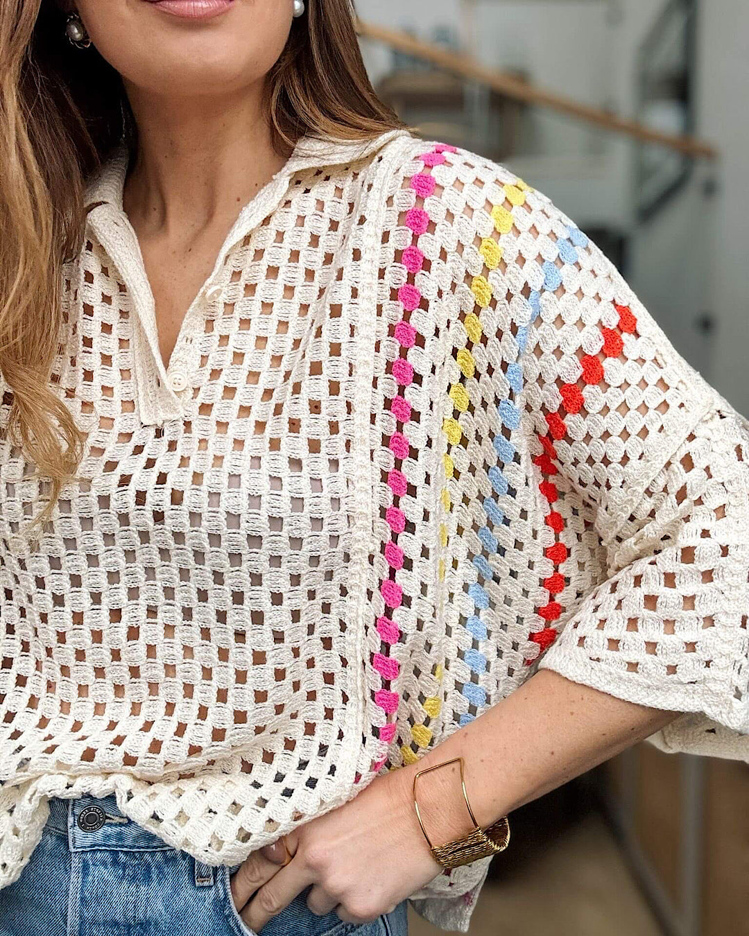 Beige Collared Crochet Knit Top
