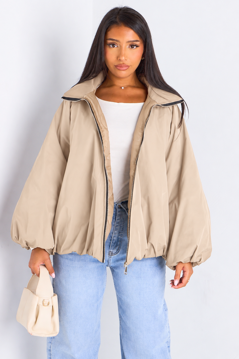 Beige High Neck Balloon Sleeve Jacket