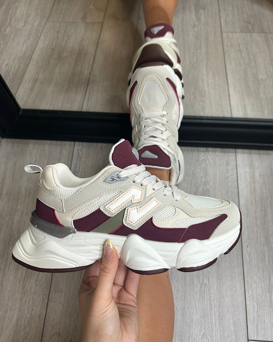 Burgundy Beige Chunky Lace Up Trainers