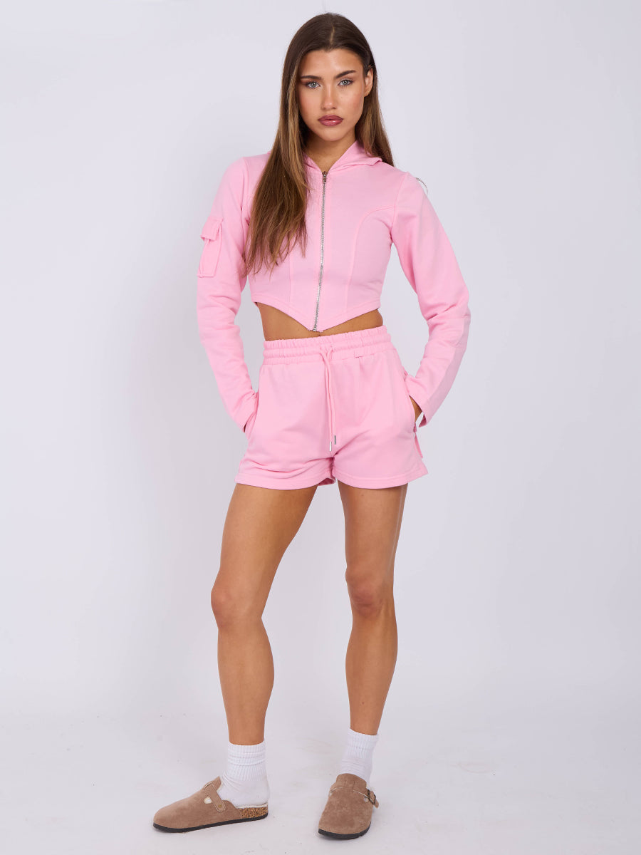 Pink Cropped Hooded Jacket & Shorts Set