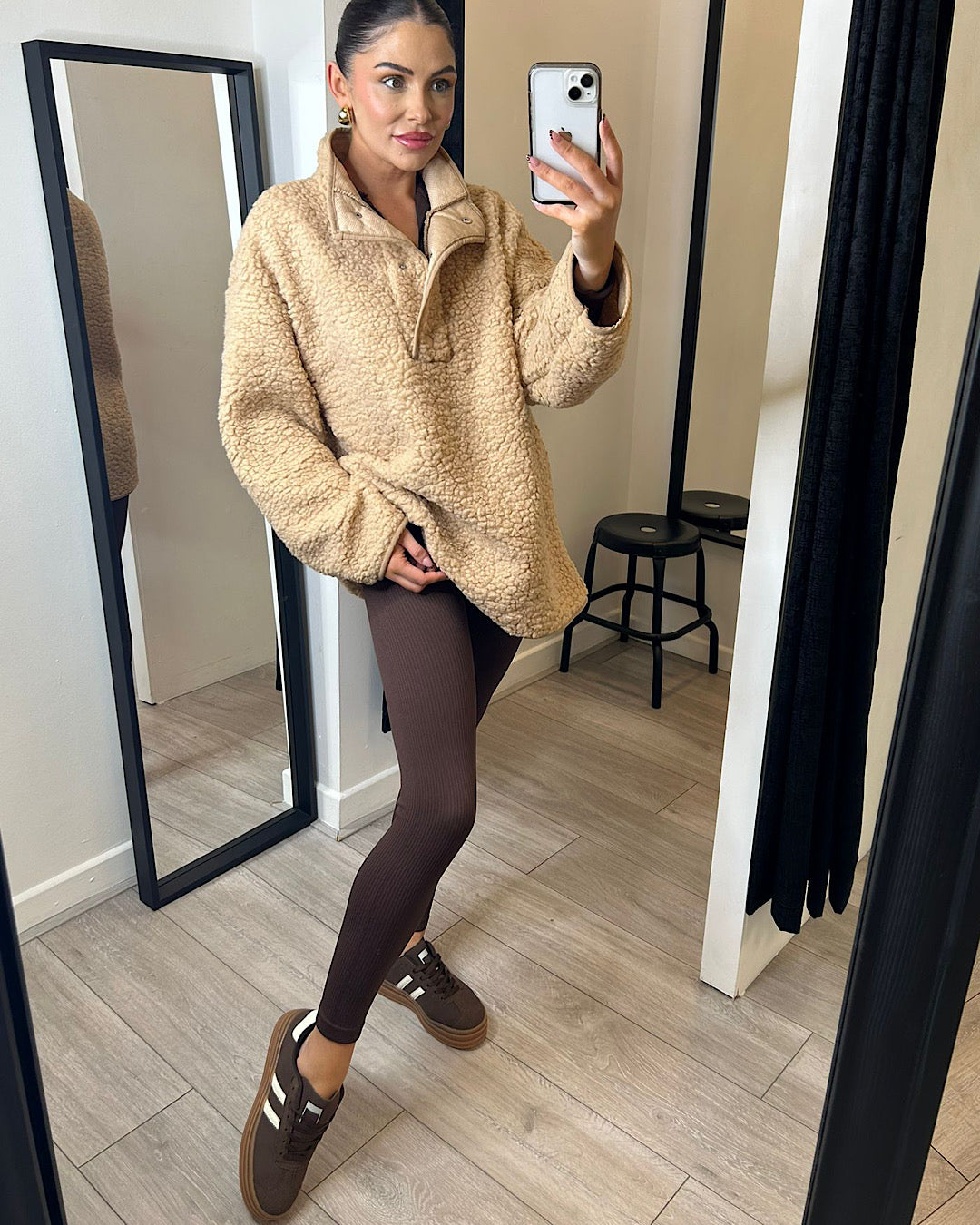 Beige High-Neck Teddy Fleece Top