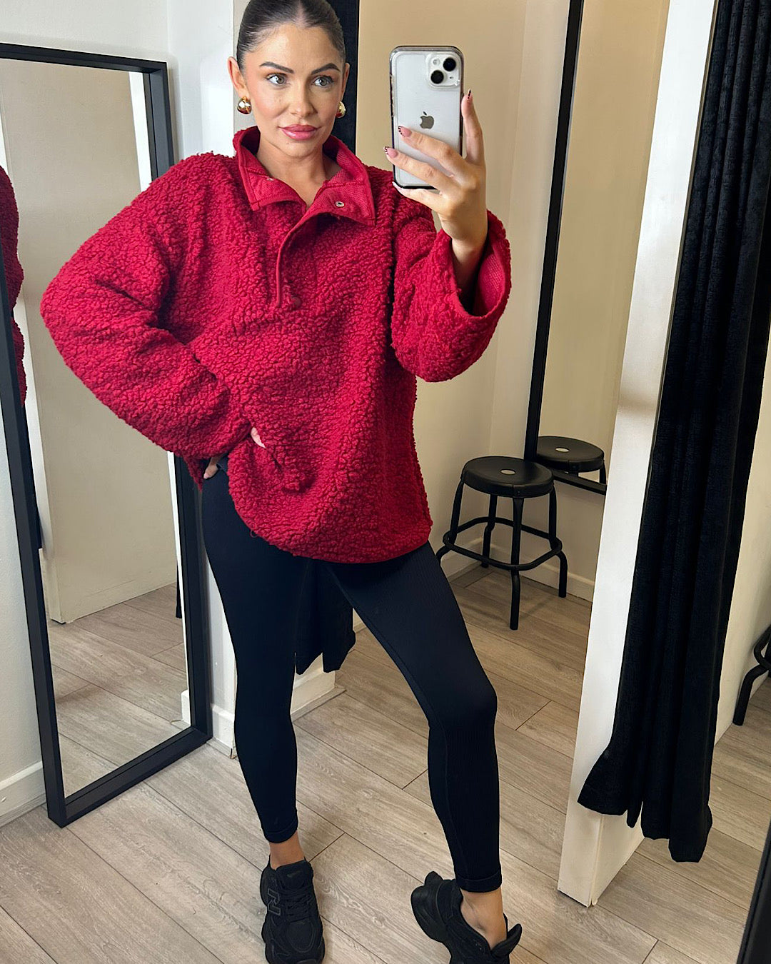 Red High-Neck Teddy Fleece Top