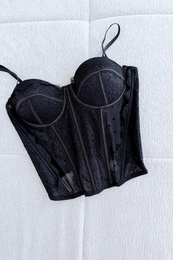 Black Lace Corset Top with Polka Dots