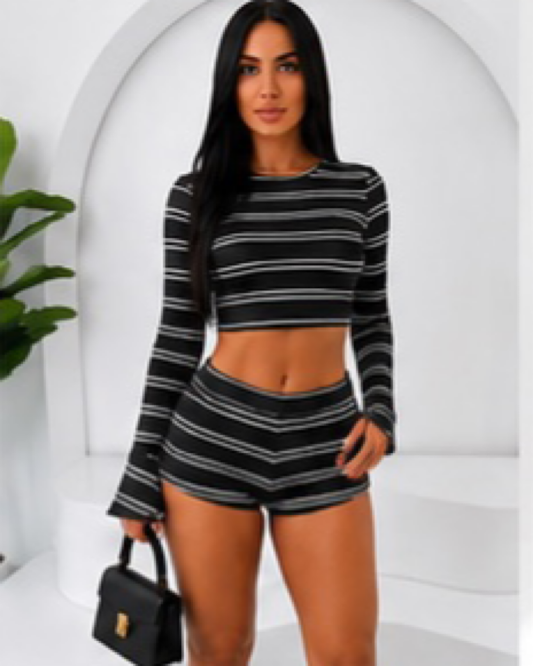 Black White Stripe Top & Shorts Suit