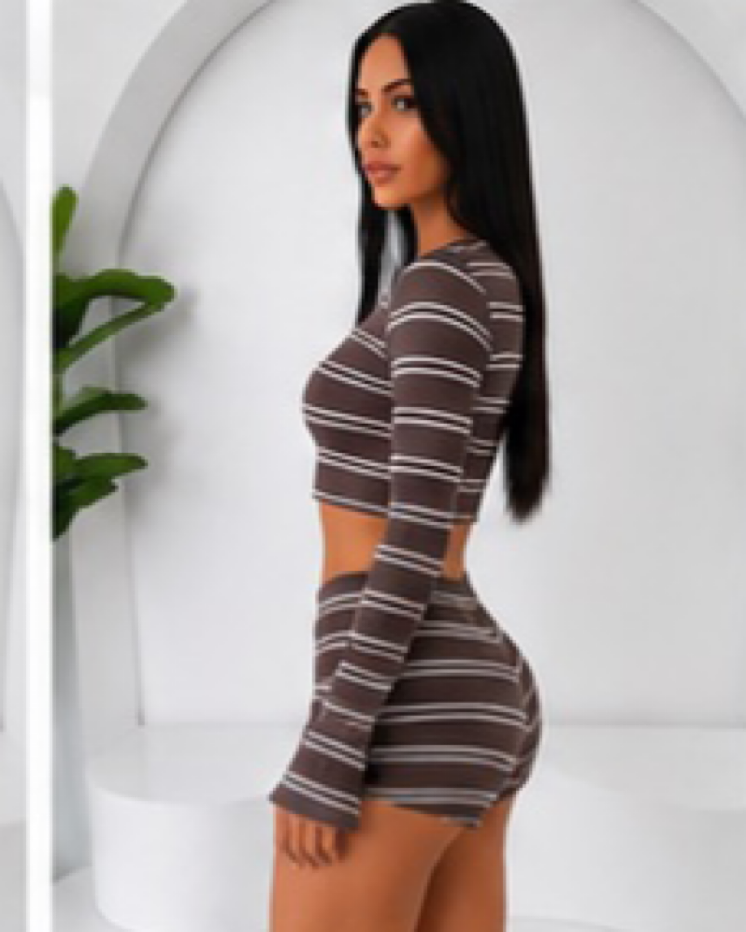 Brown White Stripe Top & Shorts Suit