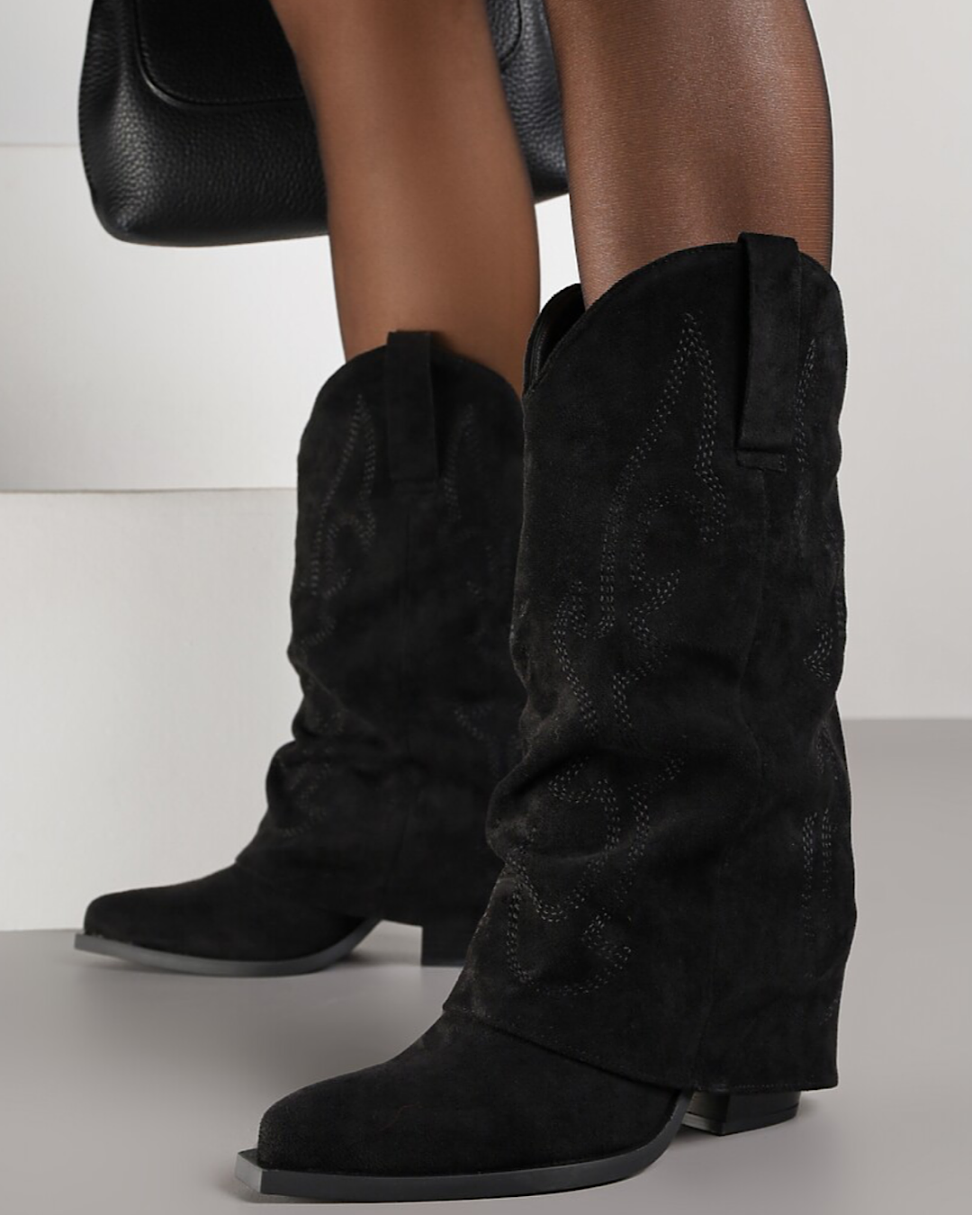 Black Faux Suede Fold Over Cowboy Boots