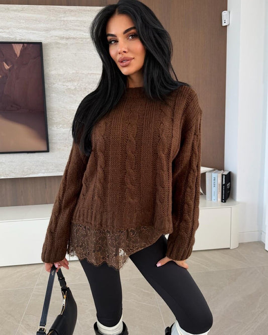 Brown Cable Knit with Lace Hem