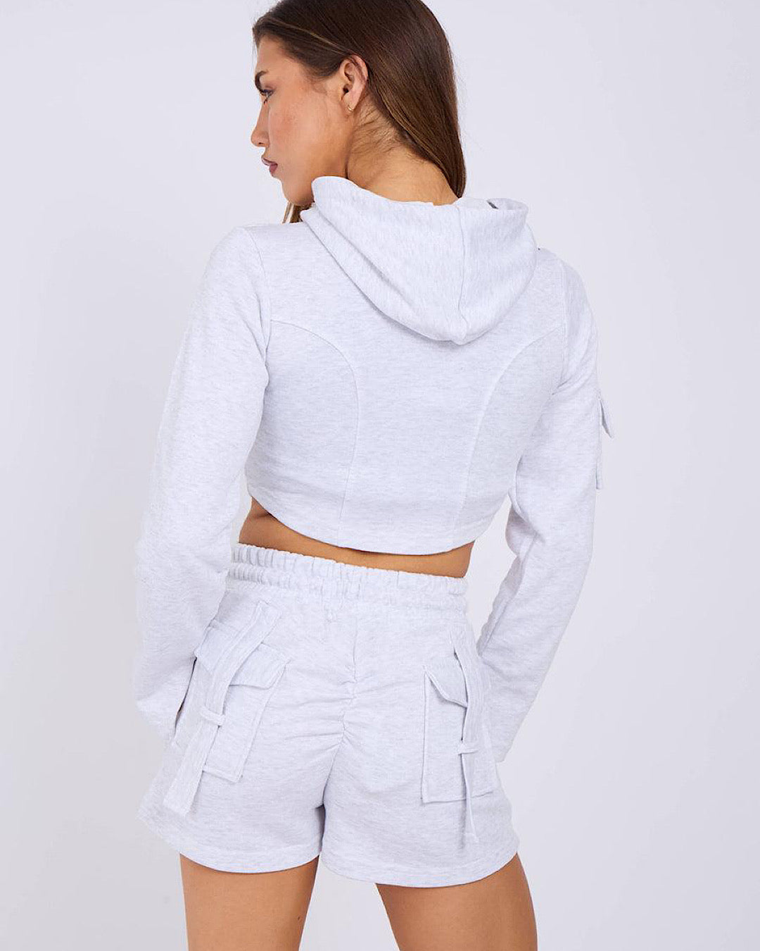 Grey Cropped Hooded Jacket & Shorts Set