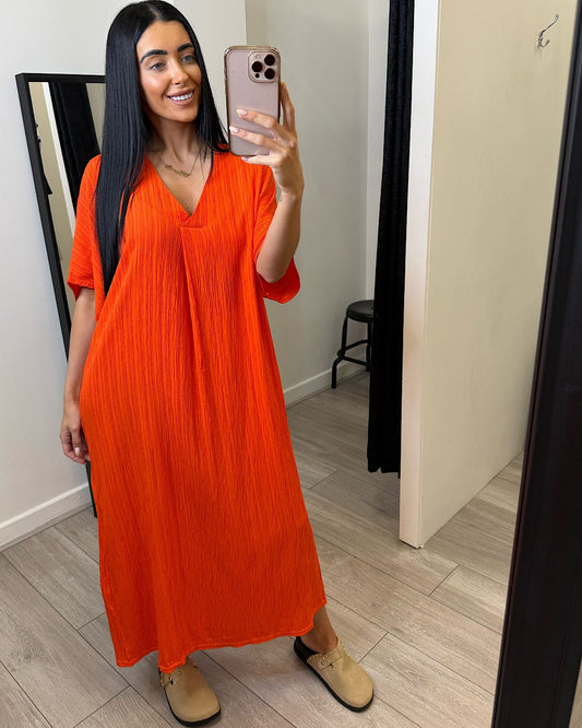 Orange Oversized V Neck Maxi Dress