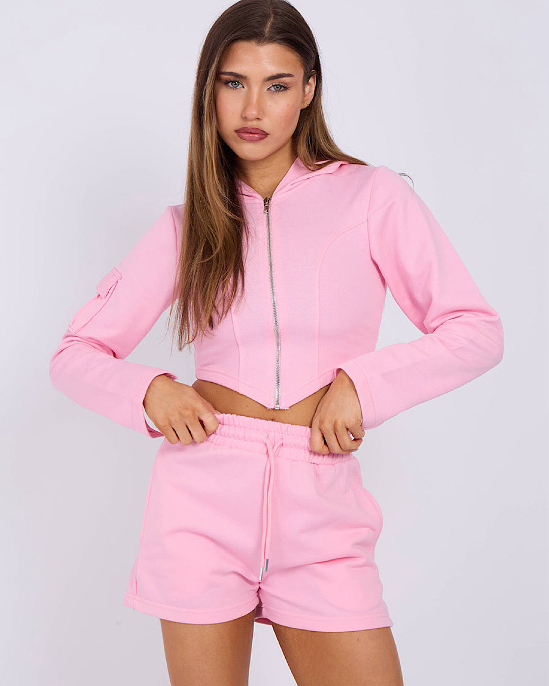 Pink Cropped Hooded Jacket & Shorts Set