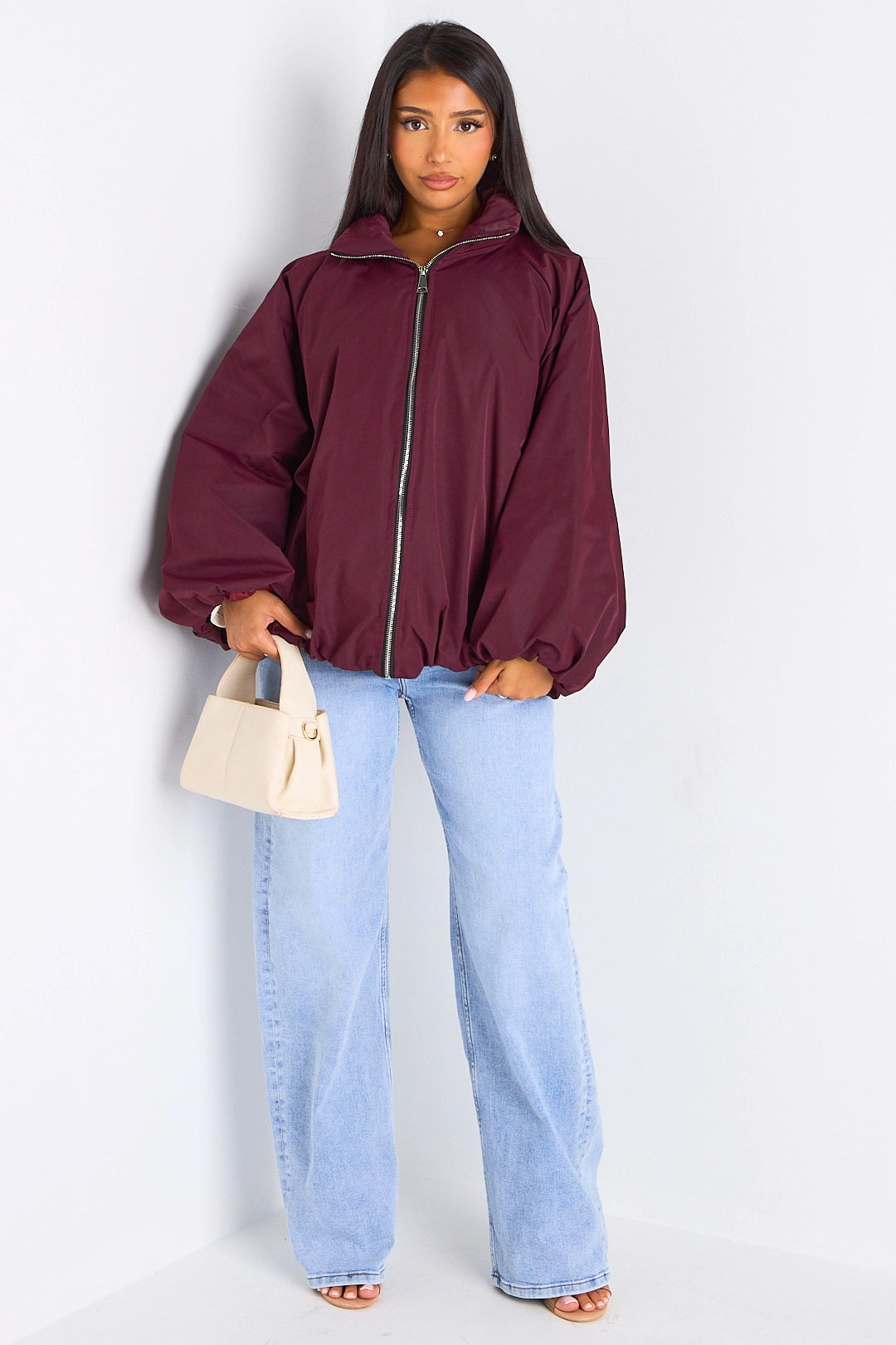 Wine High Neck Balloon Sleeve Jacket