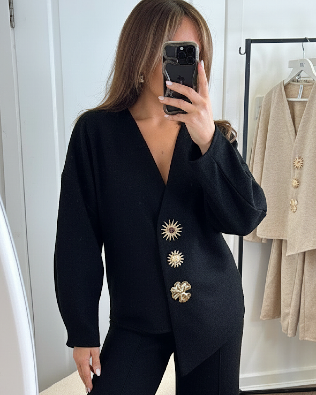 Black Knit Suit with Gold Buttons