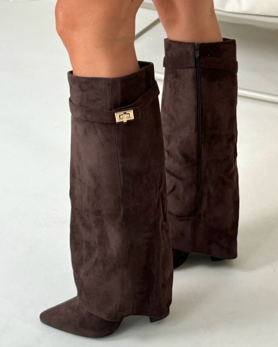 Brown Faux Suede Buckle Knee Boots