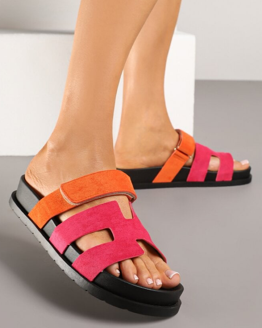 Fuchsia Orange Velcro Slider Sandals