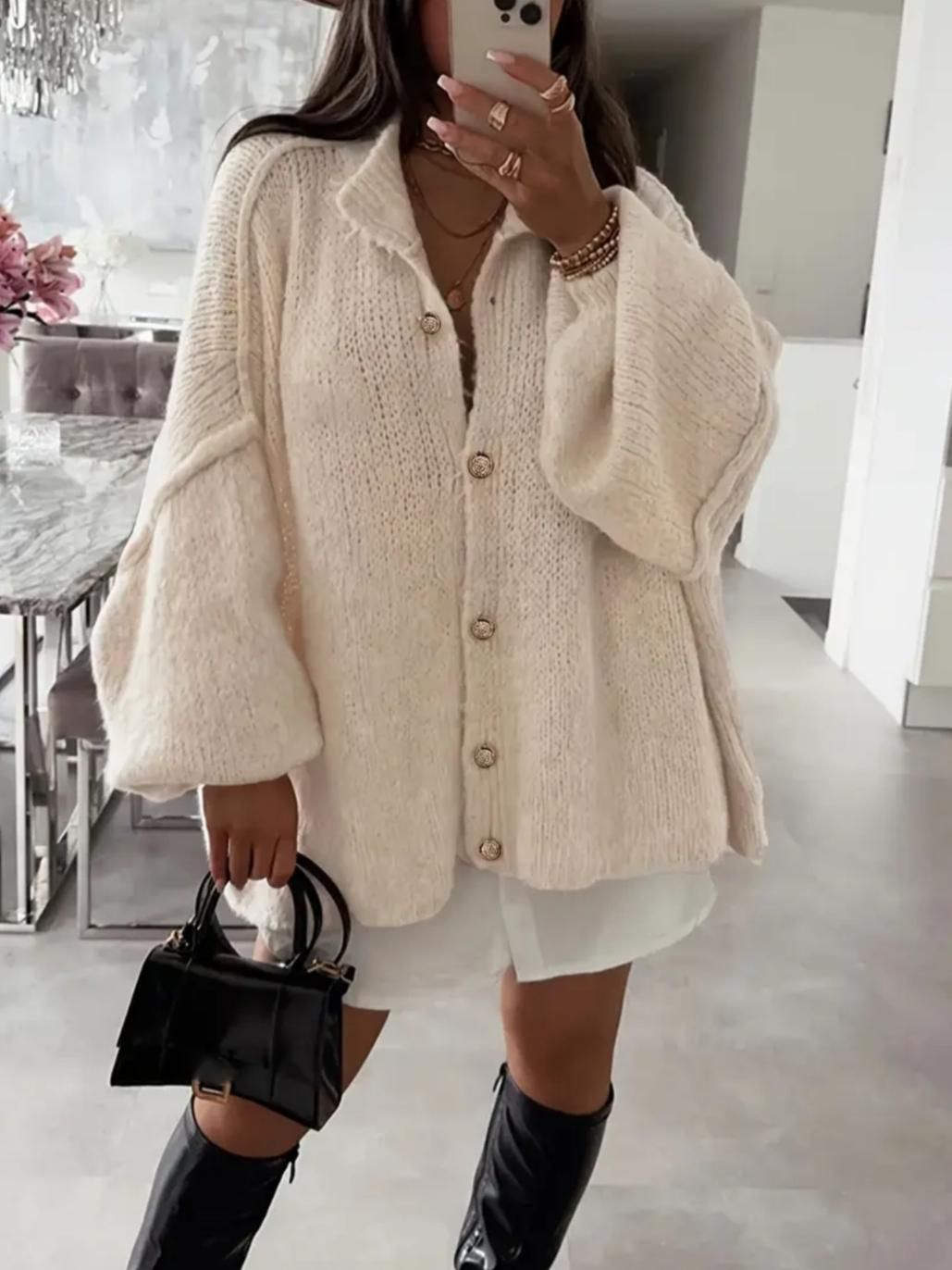 Beige Oversized Cardigan with Gold Buttons