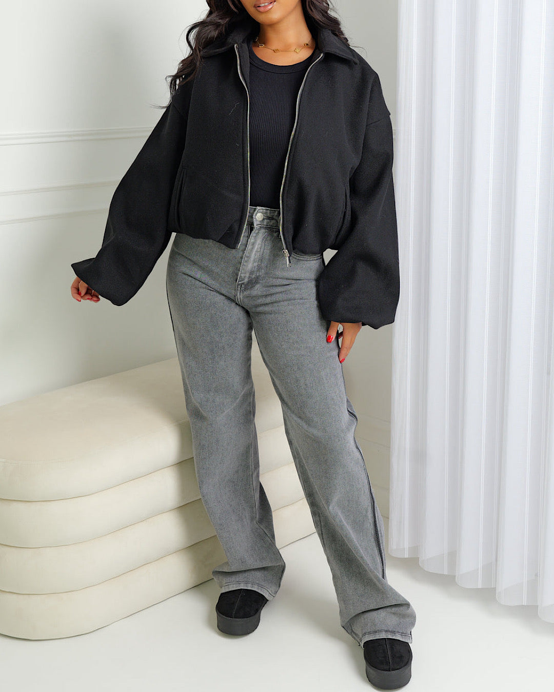 Black Ruched Bomber Jacket with Zip