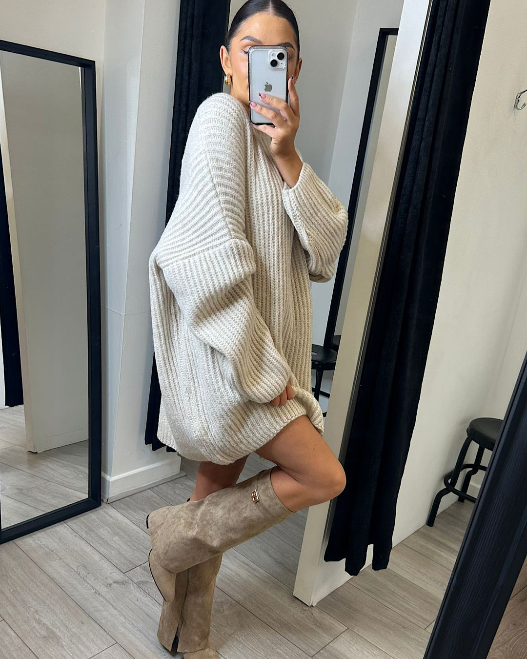Beige Ribbed Knit Dress