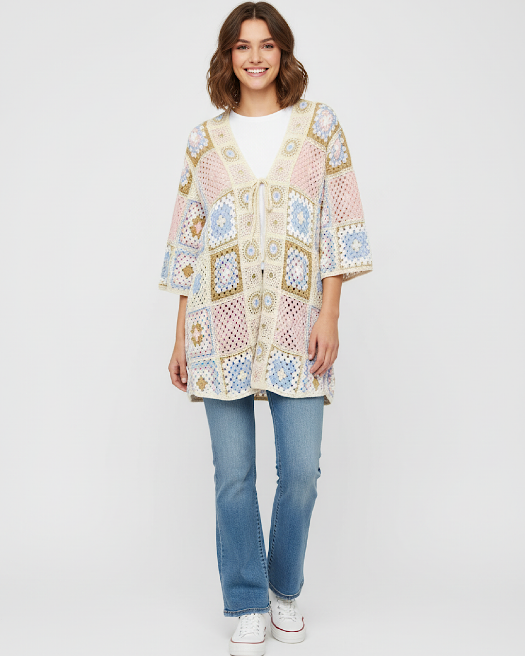 Long Floral Crochet Cardigan