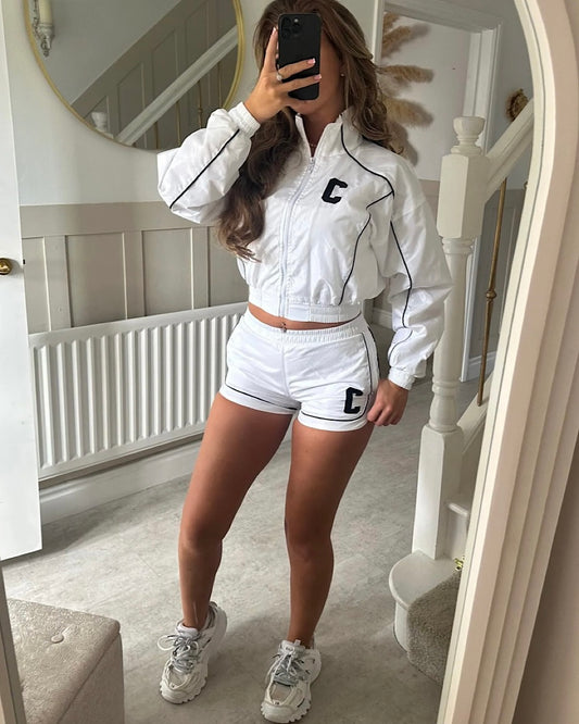 White Black Zip Jacket & Shorts Suit