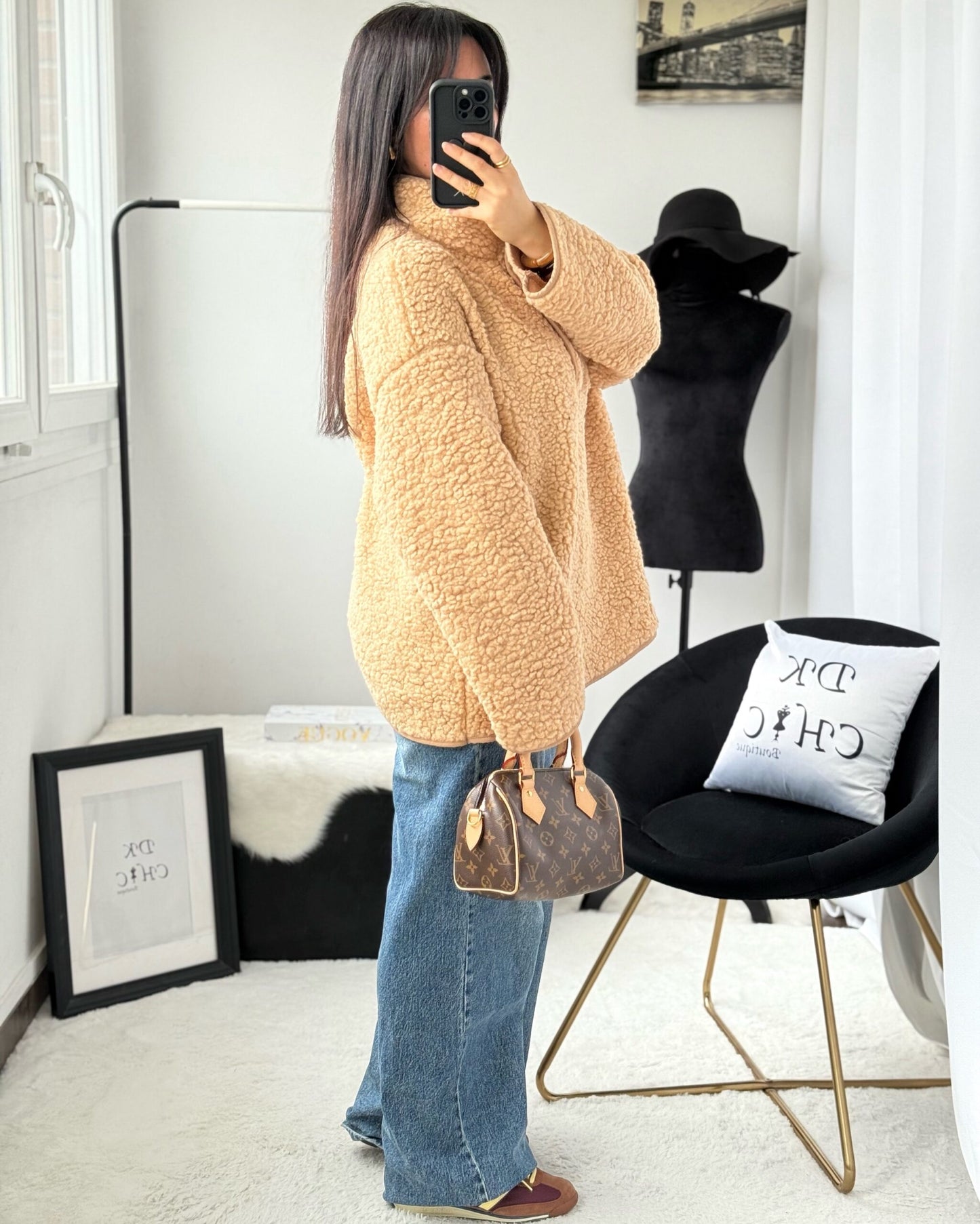 Beige High-Neck Teddy Fleece Top