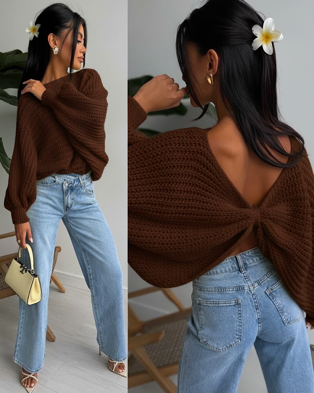 Chocolate Batwing Knot Back Knit