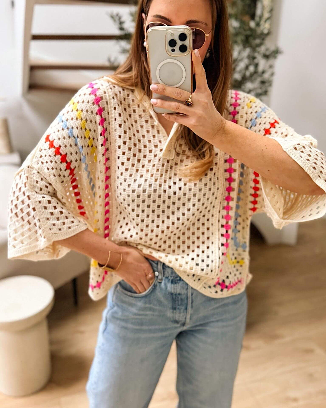 Beige Collared Crochet Knit Top