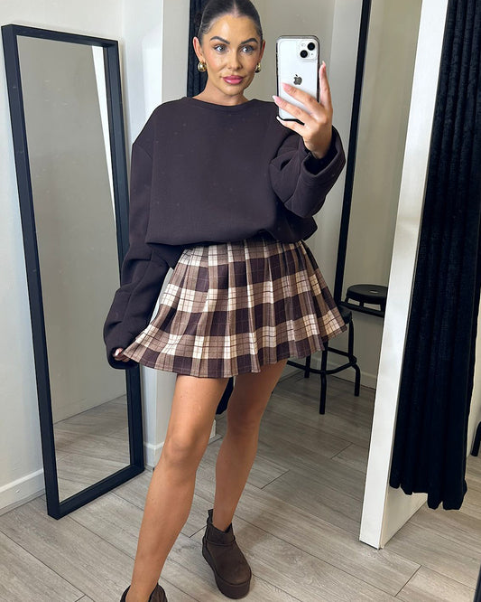 Beige Brown Pleated Check Skirt