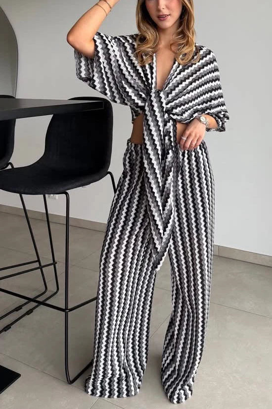 Black Grey Zig Zag Tie Front Co Ord