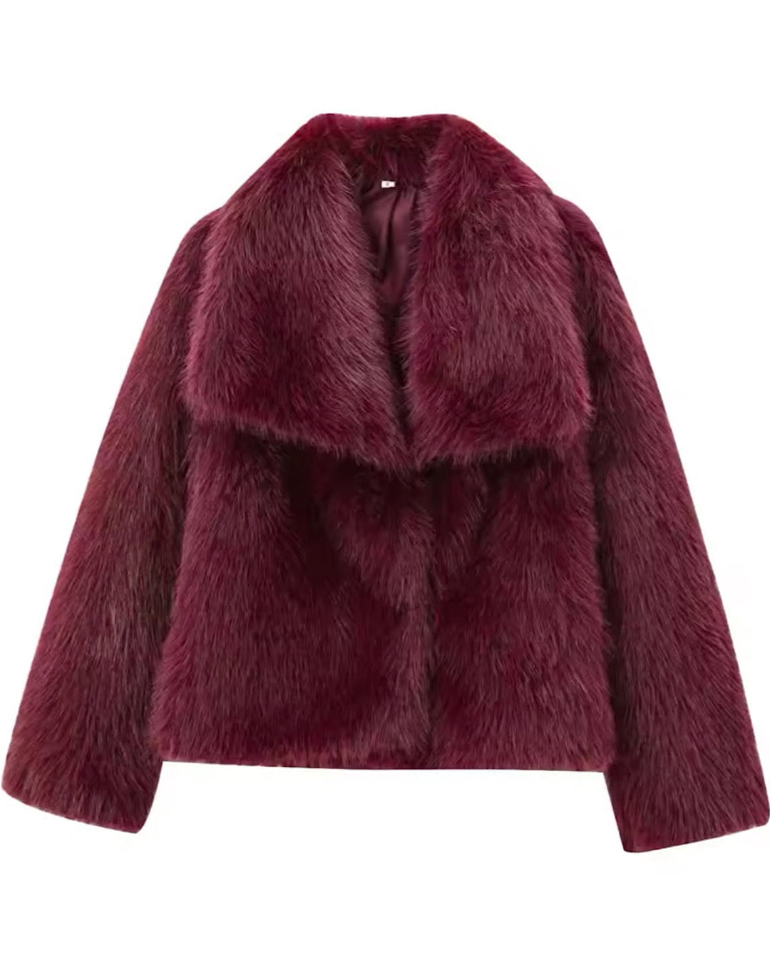 Wine Faux Fur Coat with Oversized Collar