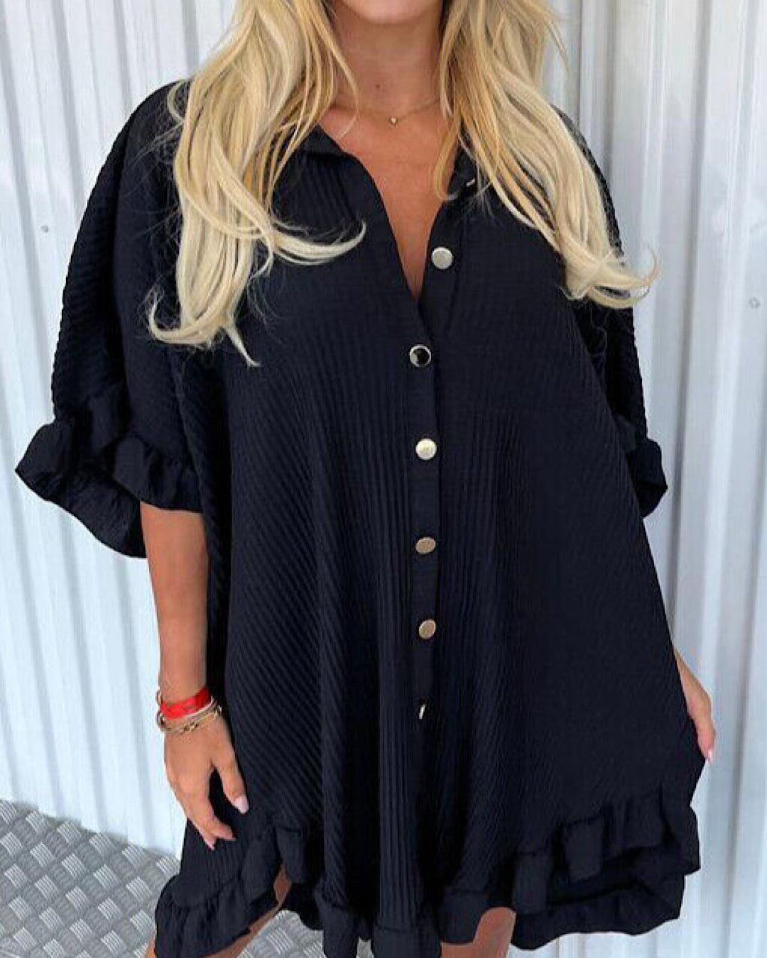 Black Pleated Oversized Shirt Dress