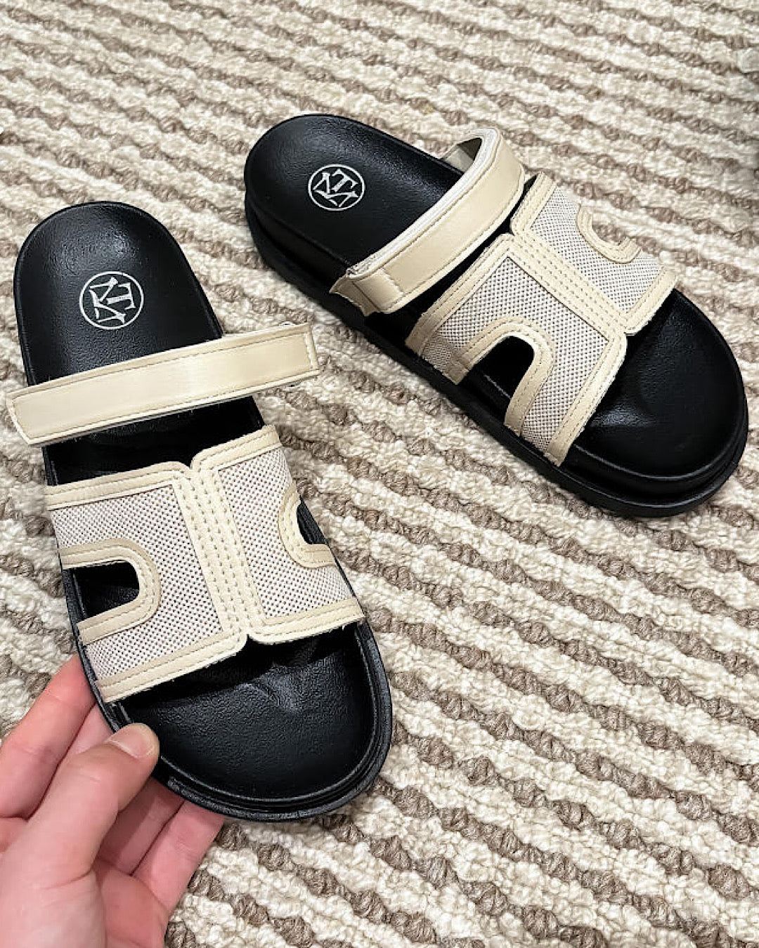 Beige Velcro Slider Sandals