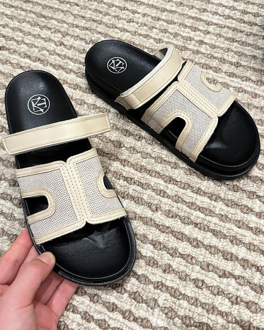 Beige Velcro Slider Sandals