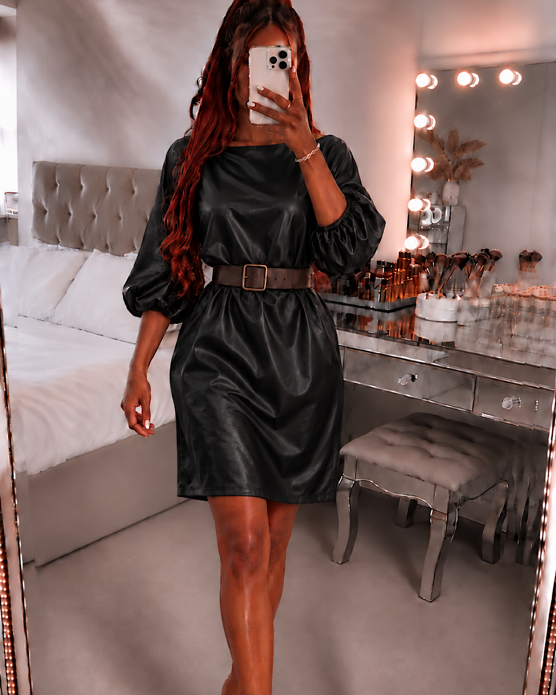 Black Faux Leather Belted Dress