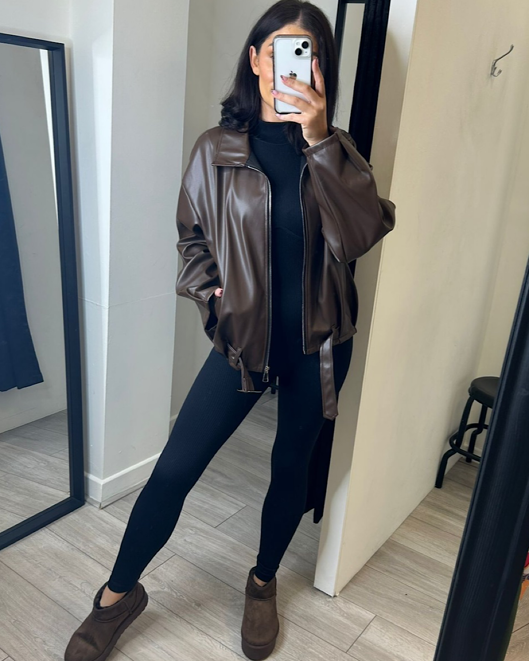 Chocolate Belted Faux Leather Jacket