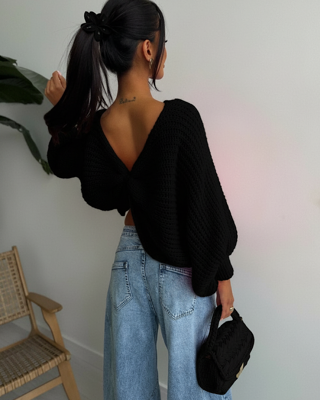 Black Batwing Knot Back Knit