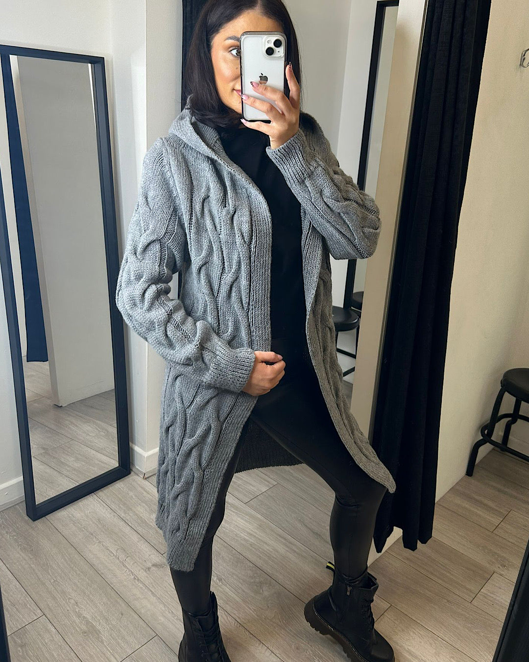 Dark Grey Cable Knit Hood Cardigan