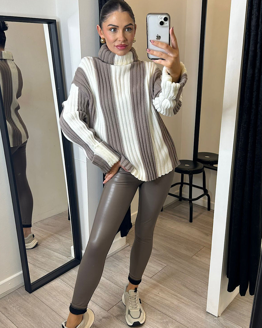 Grey Beige High Neck Chunky Knit Top