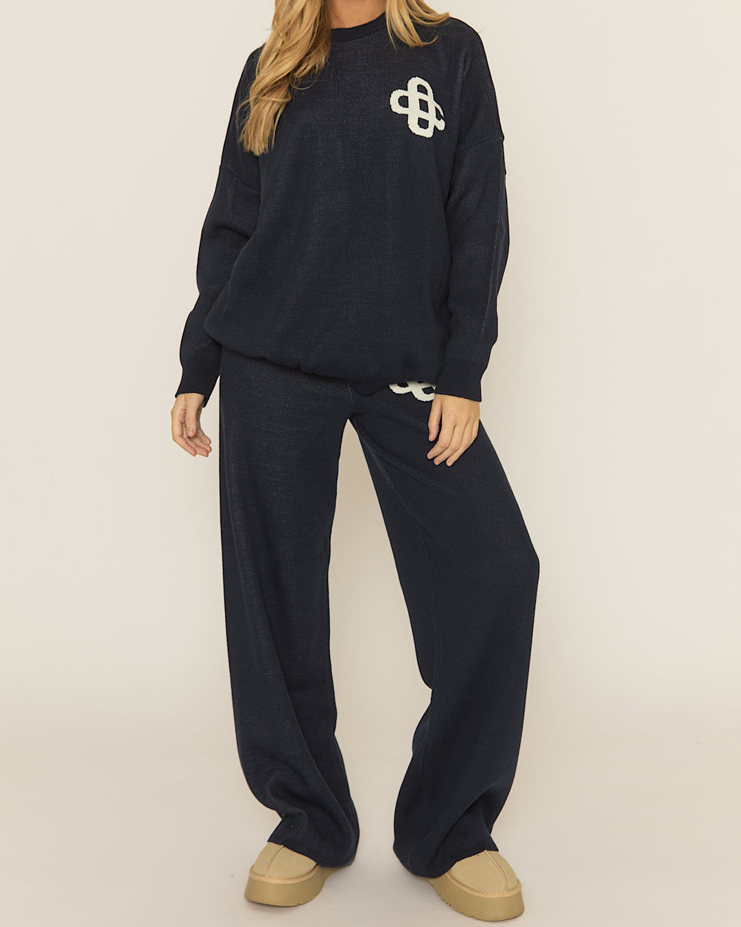 Navy Contrast Motif Knit Suit
