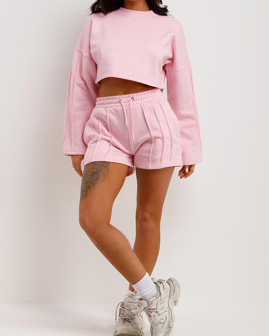 Pink Cropped Sweat and Shorts Suit