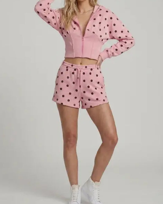 Pink Polka Hooded Jacket & Shorts Set