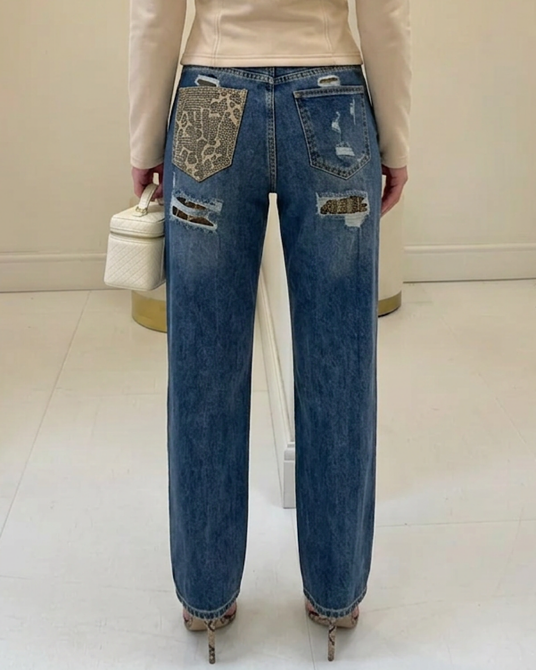 Straight Leg Leopard Diamond  Jeans