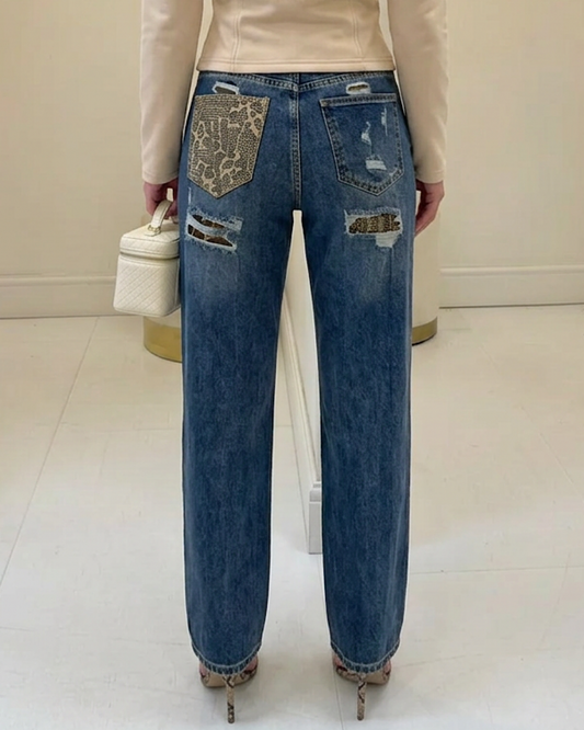 Straight Leg Leopard Diamond  Jeans