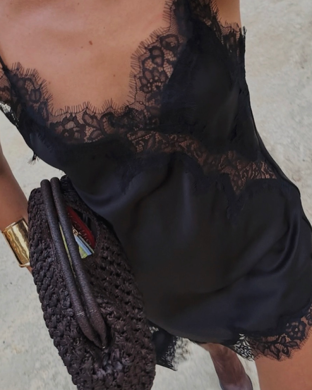 Black Satin Dress with Lace Hem